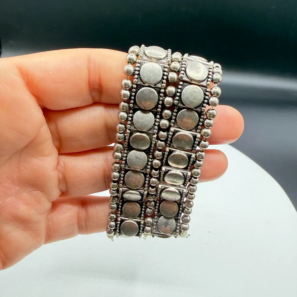 Silver Tone Chunky Stretch Bracelet Geometric Coin Bead Boho Statement Jewelry